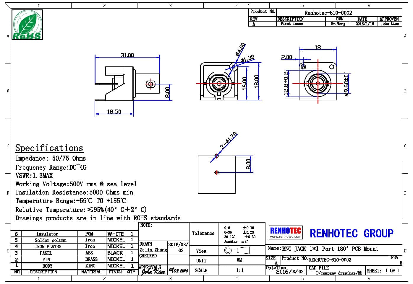 bnc rca连接器弯式穿孔接PCB板