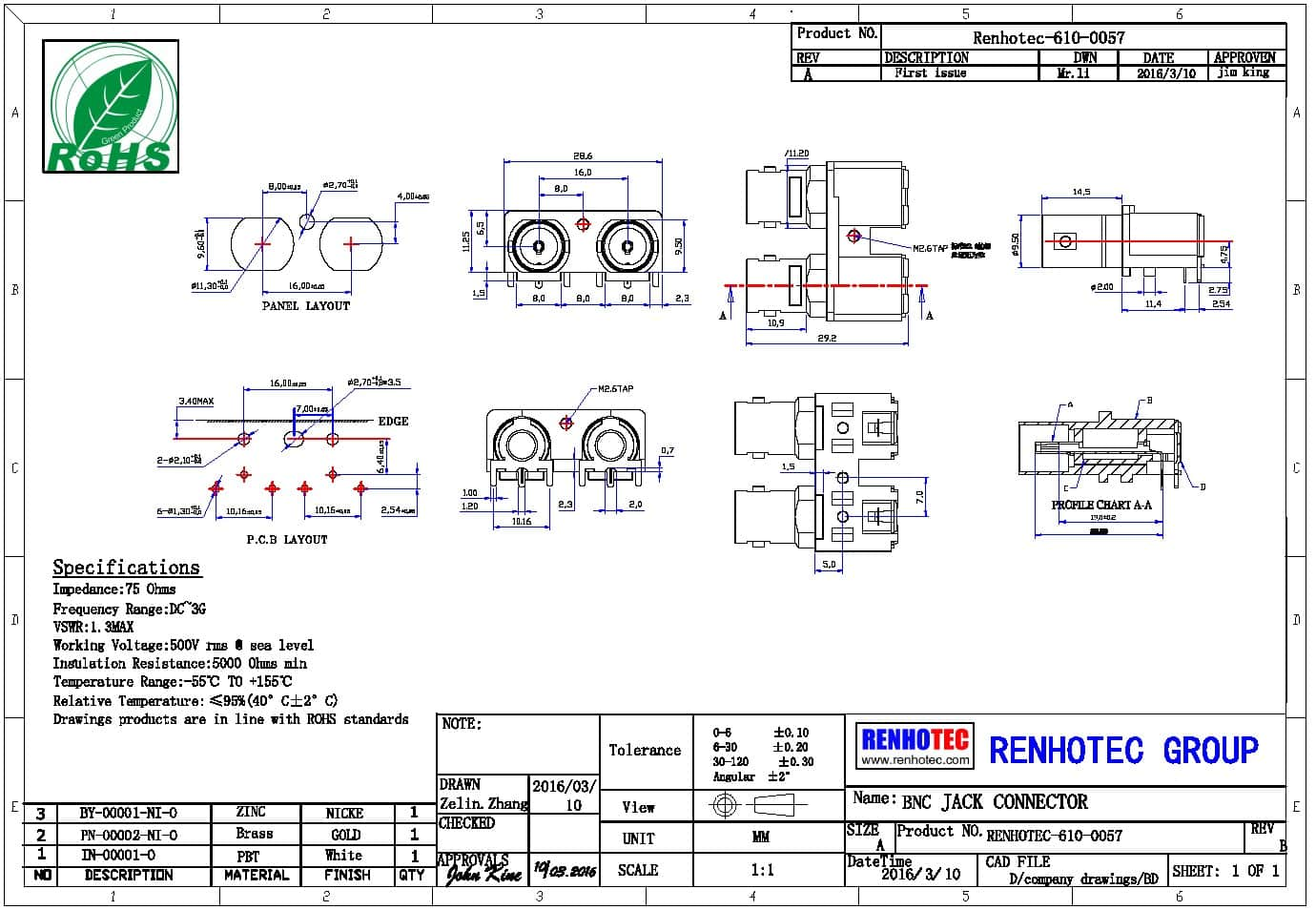 RF连接器BNC公头直式180度镀镍插PCB板