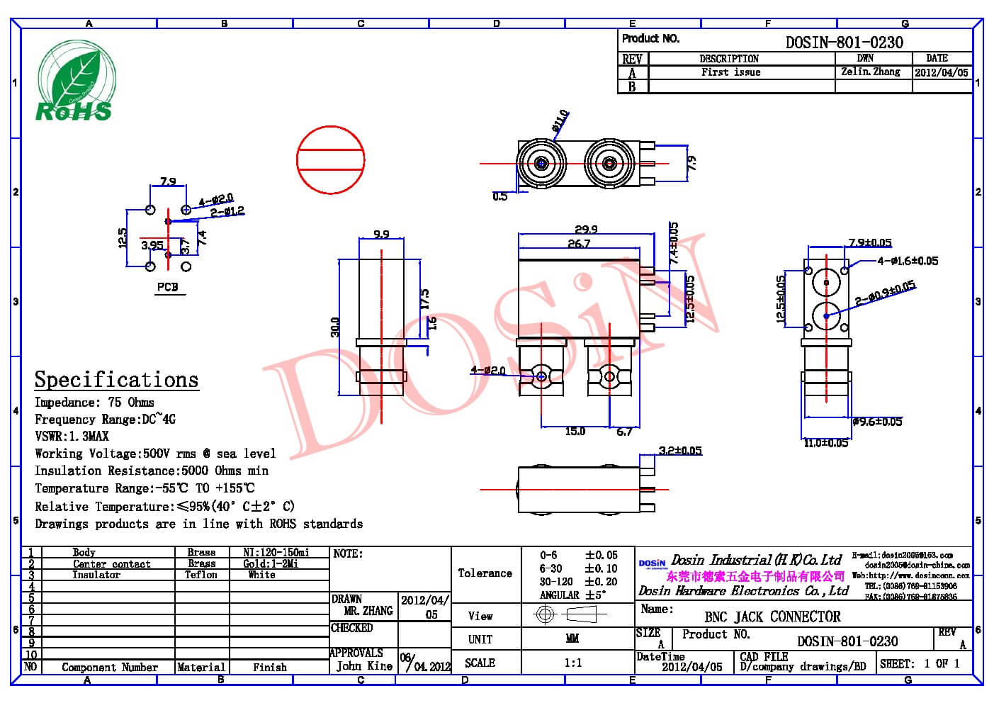 HD-BNC接口直式母头连接器穿墙式接PCB板镀镍1.6mm