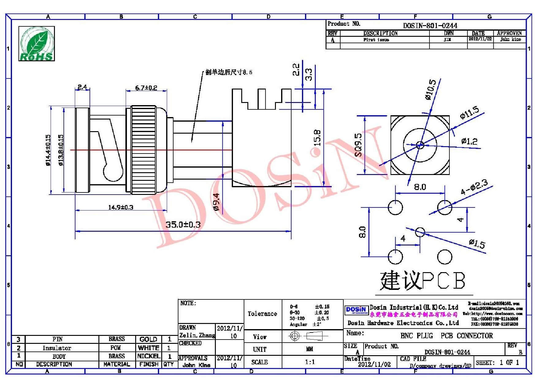 HD BNC接口母头直式穿孔式接PCB板