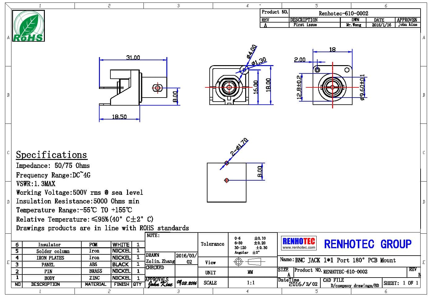 BNC射频连接器生产厂家弯式母头插板接PCB板