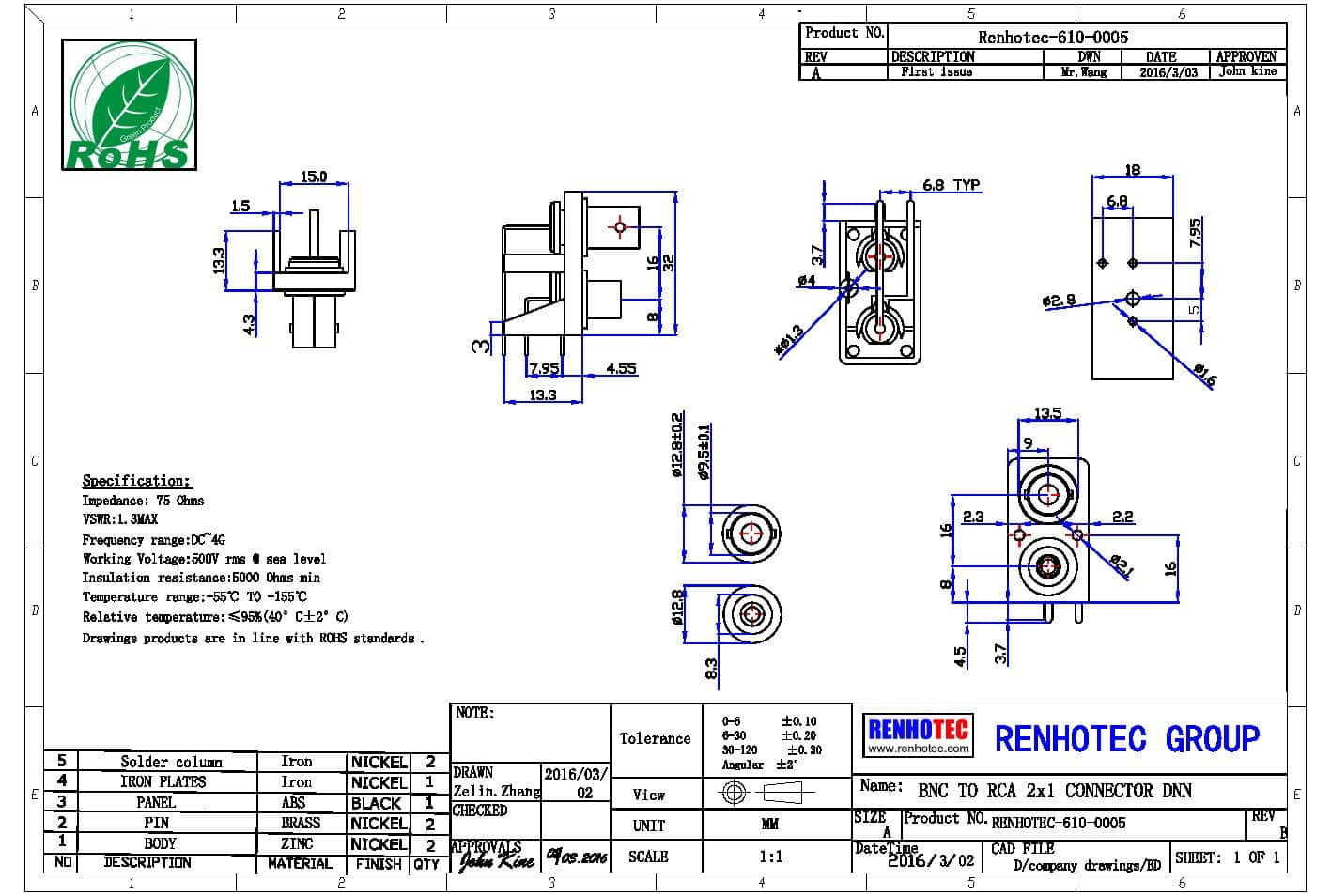 BNC插孔连接器母头弯式PCB板安装插孔双端口卡口连接